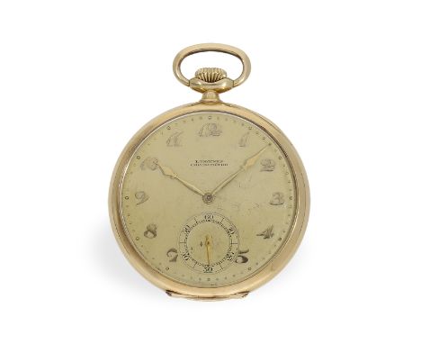 Seltene goldene Longines Taschenuhr in Chronometerqualität, ca.1930: Ca. Ø48,5mm, ca. 77g, 14K Gold, Gehäusenummer 4673438, i