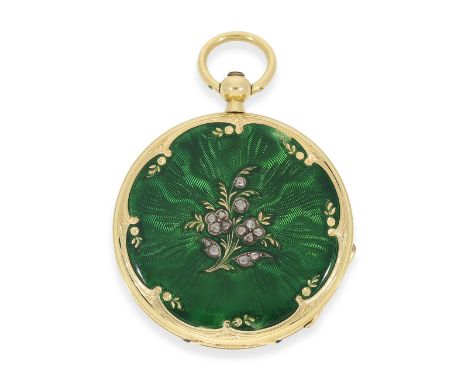 Taschenuhr: frühe Gold/Emaille-Lepine mit Diamantbesatz, Patek Philippe No.26619, Genf ca. 1865: Ca. Ø33mm, 18K Gold, rücksei