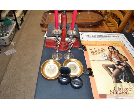 A pair of metal twist candlesticks; a pair of oval gilt framed miniature portrait prints; and a two Prinkash posy vases