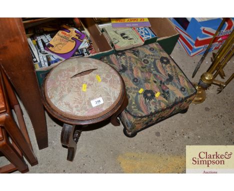 A circular footstool having bobbin turned stretchers; and another footstool 
