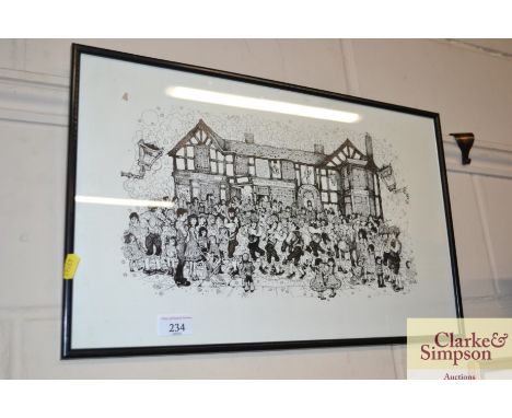A humorous cartoon print depicting a party outside&nbsp; "The Old Man And Scythe"
