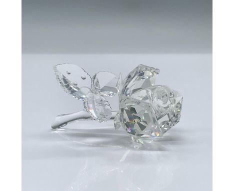 A beautiful single rose with leaves and a stem. This item has its original box measuring 6.25"L x 6.25"W x 4.75"H. Swarovski 