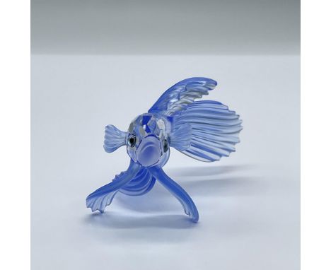 This graceful fighting fish features a clear crystal body with a frosted mouth, blue fins and a blue tail. This item has its 