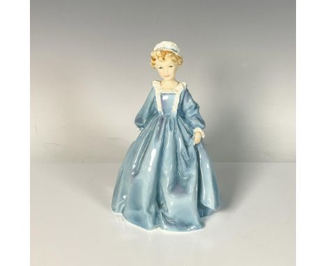 Bone china, hand decorated figure of an adorable girl in an old fashioned blue dress, playfully trying to act like a lady. Ro