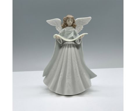 Glazed porcelain figure of a young lady angel in a white dress and blue cape holding a scroll. Lladro backstamp. This item ha