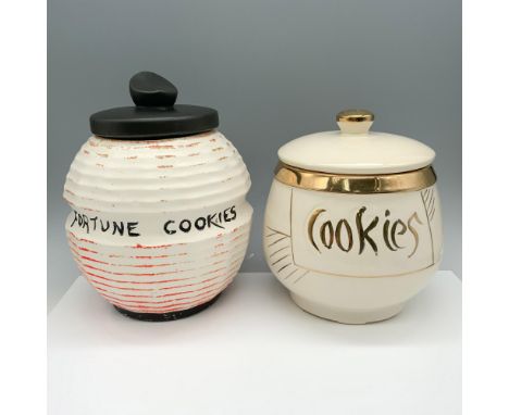 Amazing duo of ceramics that includes a fortune lantern themed container with a McCoy backstamp, and a cream colored containe