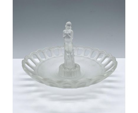 A frosted white glass planter set. Includes a bowl-shaped vase with a pierced rim, and a flower frog holder molded as a semin