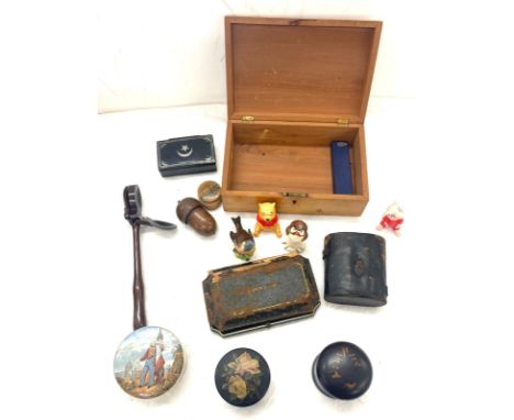 Box of miscellaneous includes pot lid, treen, snuff box, binoculars etc 