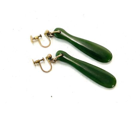 Pair antique vintage Patu Onewa Maori  9ct gold and New Zealand Jade earrings 