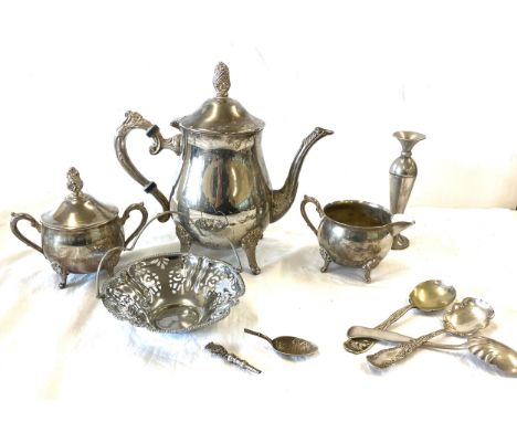 Selection of silver plated ware includes 3 piece tea service 