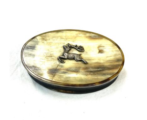 Antique horn, Scottish snuff box, lid with silver deer detail 