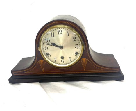 1920s Mahogany inlaid 3 key hole nelsons hat mantle clock with key and bill of sale 