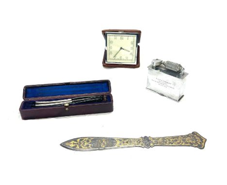 Art deco table lighter, cased razor, Traveling clock, gilded letter opener 