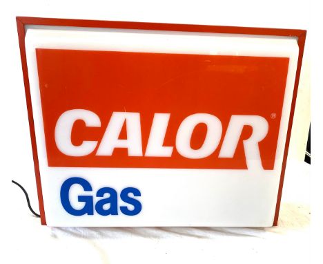 Vintage light up double sided Calor gas Burnham sign measures approx 16" tall 20" wide 