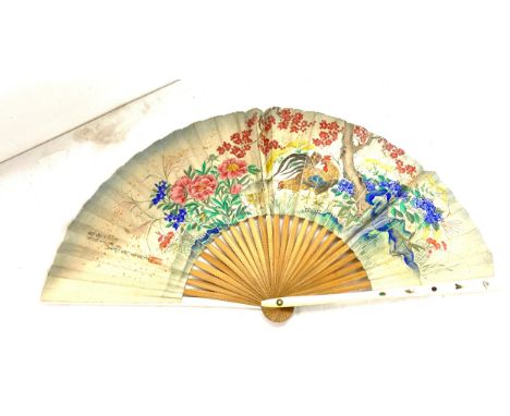 Meiji period fan with shibayama guard sticks inlaid with insects. The finely painted paper signed and sealed by the artists a