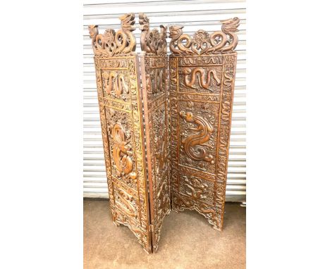Vintage chinese heavily carved 3 fold screen 1880 68" tall 64" wide 