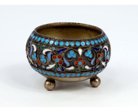 A Russian champleve salt dish, with turquoise purple red and white enamel floriate decoration, with makers mark IS plus 84 ma