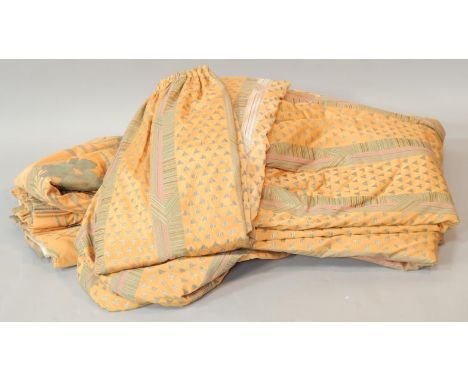 Three pairs of curtains, each lined and interlined with an Oriental style design of flowers in green and purple on a yellow/g