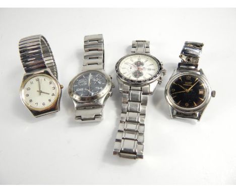 Four gentlemen's wristwatches, comprising a Tissot Visodate, a Casio Edifice, a plain dial wrist watch and Swatch chronograph