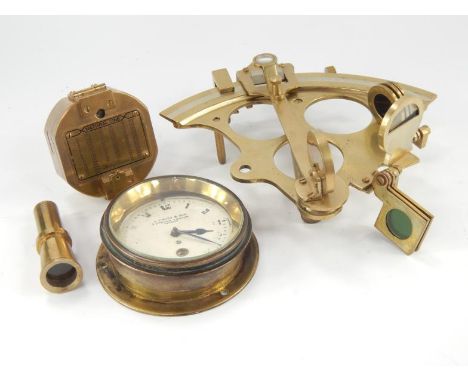 Maritime interest, a brass sextant, miniature bulkhead clock with dial signed S Smith and Son of 9 The Strand, London, 281 19