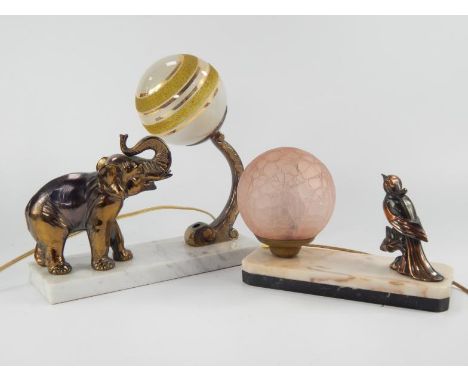 Two Art Deco style light fittings, comprising elephant and song bird both with glass globe shades.