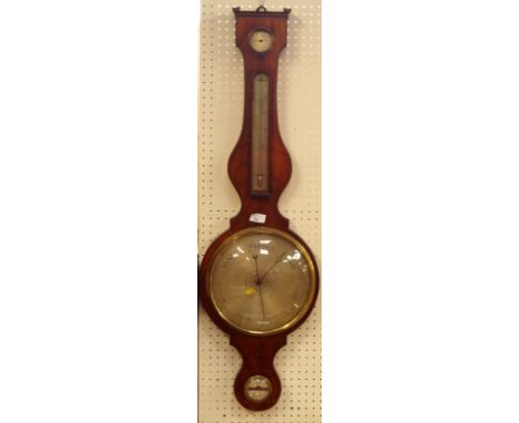 A George III flamed mahogany wheel barometer, with swan neck pediment, hydrometer over thermometer, 26cm dial, and level mark