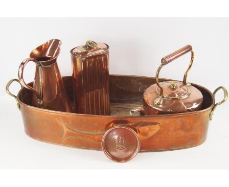 A copper fish kettle, a copper teapot and other copper items, (5).