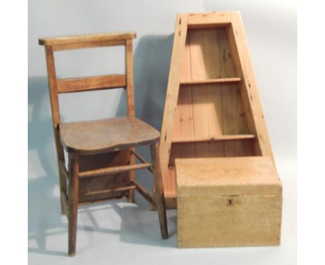 A beech church chair with a pine shelf rack and a box, the box measures 41cm wide, -3