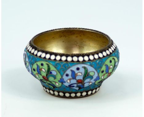 A Russian champleve salt dish, with turquoise pale green purple red and white enamel decoration, having the makers mark PI pl
