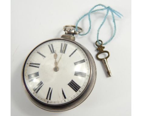 A William IV silver pair cased pocket watch, marked for Thos Willson, Spalding no. 1530 fusee movement and enamel dial with R