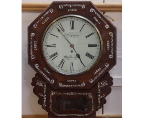 A late Victorian inlaid rosewood drop dial wall clock, with octagonal abalone inlaid dial surround having cream painted dial 