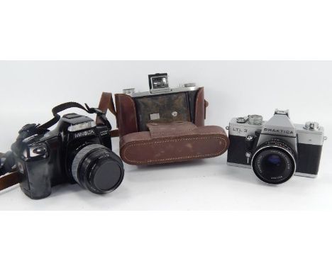 Three cameras, comprising Practika SLR camera with Minolta Dynax 5000i SLR camera and an Ensign folding camera, (3).