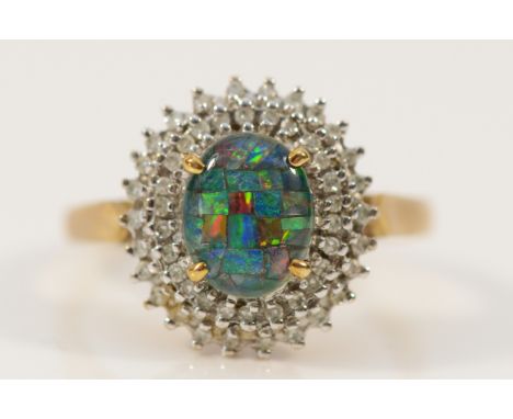 A 9ct gold mosaic opal triplet and diamond cluster ring, R, 3.6g