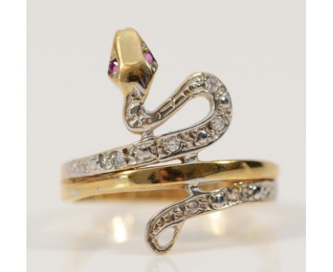 A 9ct gold cubic zirconia and ruby snake ring, K, 2.5g