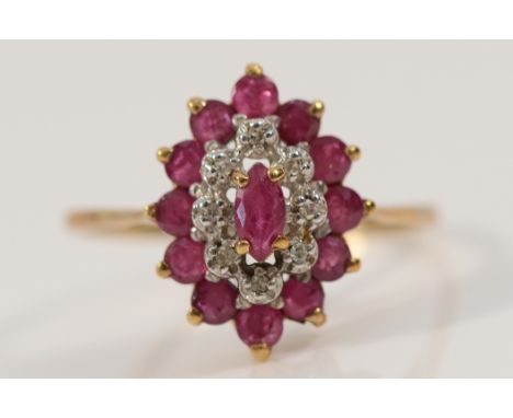 A 9ct gold diamond and ruby cluster ring, Q 1/2, 2g