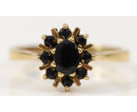 A 9ct gold sapphire cluster ring, P, 2.6g
