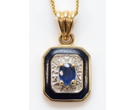 A 9ct gold sapphire, diamond and enamel pendant on a chain, 10mm, 2.9g