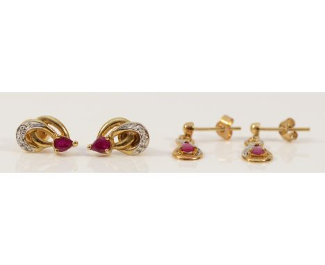 Two pairs of 9ct gold ruby and diamond earrings with scroll backs, 2.8g