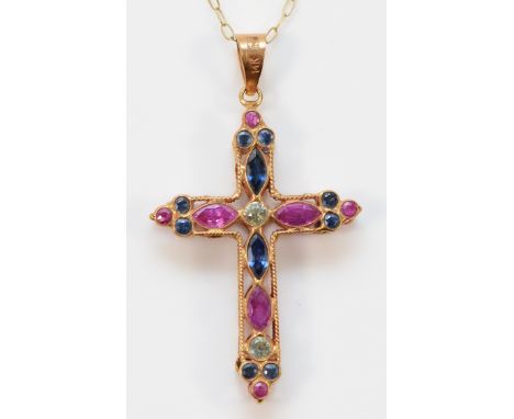 A 14K gold multi gemstone cross pendant with a 9ct gold chain, 28mm, 1.9g