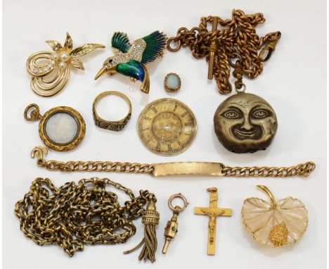 A gold plated double watch albert, a gilt metal chain with tassel, a watch key, a crucifix and other jewellery