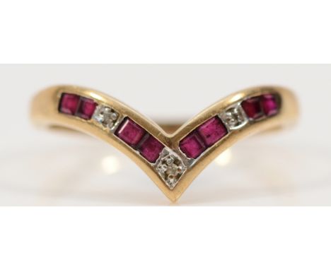 A 9ct gold ruby and diamond wishbone ring, R, 2.4g
