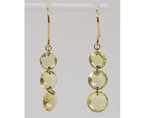 A pair of 9ct gold faceted citrine drop earrings with hooks, 25mm, 2.5g