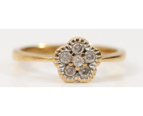A 9ct gold brilliant cut diamond floral ring, hallmarks worn, M, 2.1g