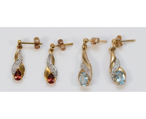 A pair of 9ct gold diamond and garnet drop earrings with scroll backs, with a pair of diamond and topaz drop earrings, 20mm, 