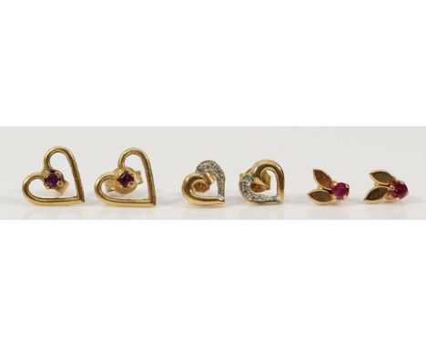 Three pairs of 9ct gold diamond and ruby earrings with scroll backs, 2g