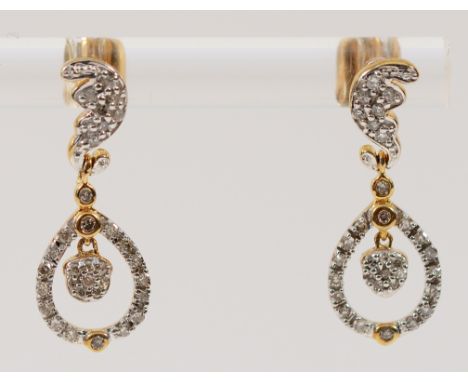 A pair of 9ct gold diamond drop earrings with scroll backs, 1.8g