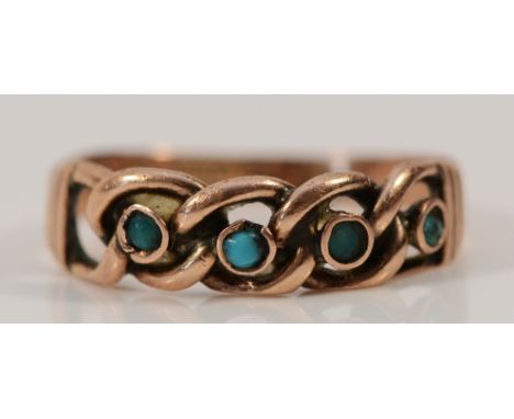 A 9ct rose gold turquoise four stone ring, Birmingham 1897, L 1/2, 1.4g
