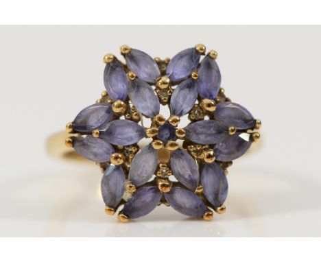 A 9ct gold tanzanite floral cluster ring, K, 2.8g