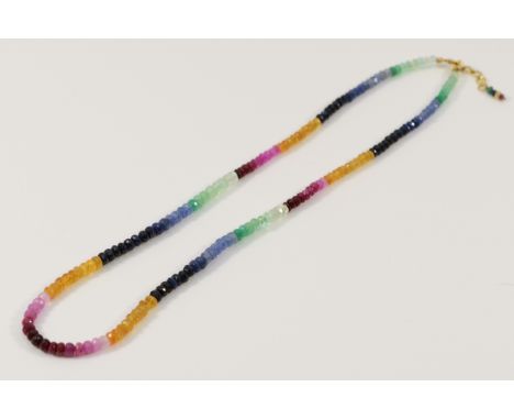 A 9ct gold clasped faceted bead necklace, with ruby, emerald, citrine and tourmaline beads, 13.5g