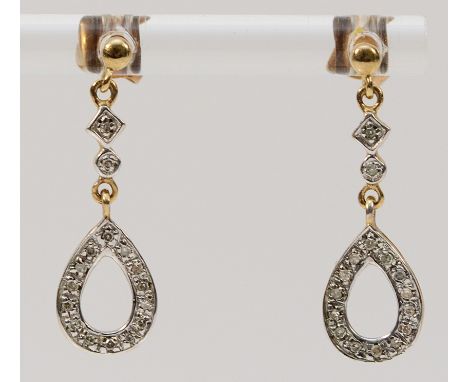 A pair of 9ct gold diamond drop earrings with scroll backs, 23mm, 1.7g
